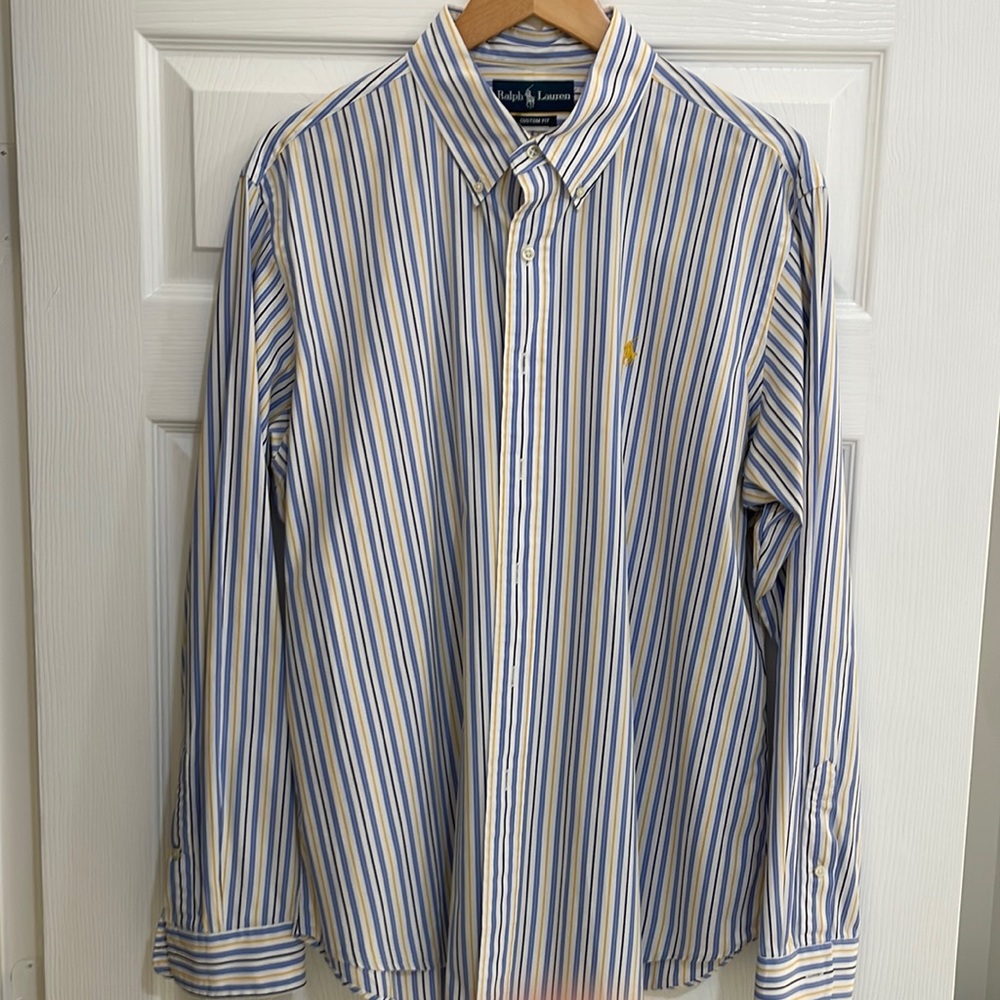 Polo by Ralph Lauren navy blue and white stripe with yellow stripe accent XL